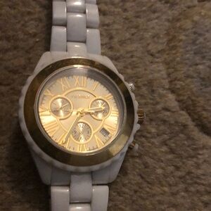 Vicence White Ceramic Chronograph Watch w/14kt Yellow Gold Bezel, Steel Clasp